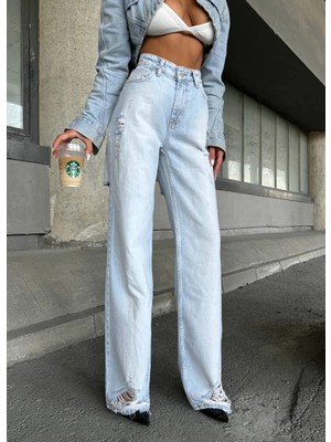 Herton Yüksek Bel Yırtık Detaylı Geniş Paça Denim Pantolon