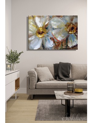 Şehber Yağlı Boya Efekt Beyaz Çiçekler Yatay Kanvas Tablo Dekoratif Duvar Dekoru Salon Mutfak Yatak Odası Ofis