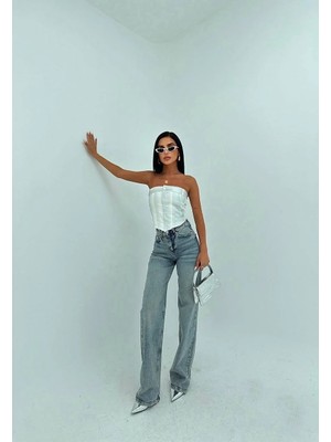 Herton Kadın Yüksek Bel Bol Paça Jean Pantolon – Az Esnek Pamuklu Kot