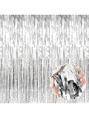 İlkyaz Fashion Gümüş Renk Ekstra Metalize Parlak Saçaklı Arka Fon Perde Ithal 1x2 Metre