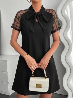 Ne Verelim Size Kadın Kısa Kollu Boyundan Bağlamalı Omuzlarda Tül Detaylı Janjan Krep Elbise