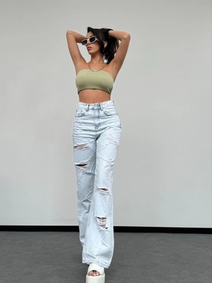 Herton Açık Mavi Yıkamalı, Yüksek Bel, Bol Paça (Wide Leg), Yırtık/destroyed Detaylı Jean Pantolon.