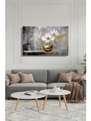 Şehber Yatay Kanvas Duvar Tablosu Tekli Salon Mutfak Yatak Odası Ofis Gold Vazo Beyaz Çiçek