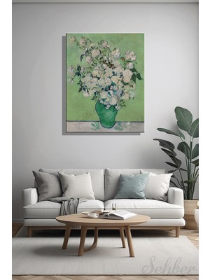 Şehber Dikey Kanvas Duvar Tablosu Tekli Salon Mutfak Yatak Odası Ofis Vincent Van Gogh Vazoda Güller