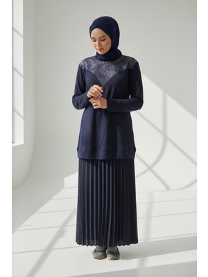 Ece Giyim Kadın Jakar Detaylı Altı Bantlı Etek Beli Lastikli Pliseli Etekli Takım