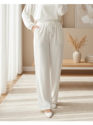Modamorfo Çift Cepli Beli Lastikli Bağcık Detaylı Pantolon   -Beyaz