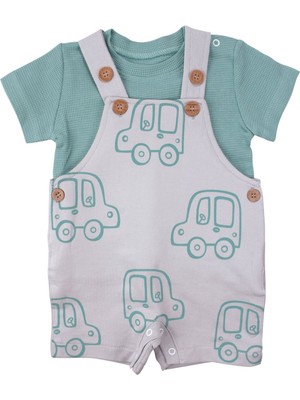 by BebekOdam Erkek Bebek Yeşil Gri Araba Desenli Salopet Takım - 1016780