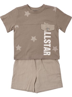 by BebekOdam Erkek Çocuk Kahve All Star Yazılı Yıldız Baskılı Cepli Şortlu 2'li Takım - 1016778