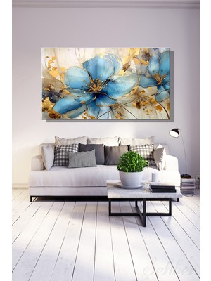 Şehber Panoramik Yatay Kanvas Duvar Tablosu Tekli Salon Mutfak Yatak Odası Ofis Soyut Mavi Çiçekler