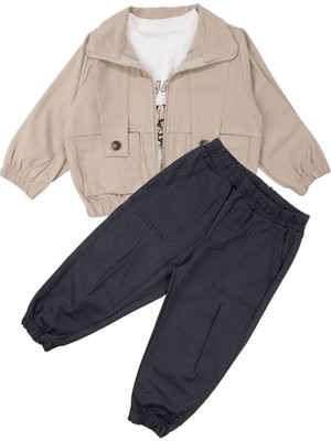 by BebekOdam Erkek Çocuk Ekru Kaplan Desenli Badili Bej Ceketli 3'lü Takım - 1016615