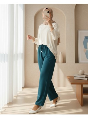 Modamorfo Çift Cepli Beli Lastikli Bağcık Detaylı Pantolon  -Zümrüt
