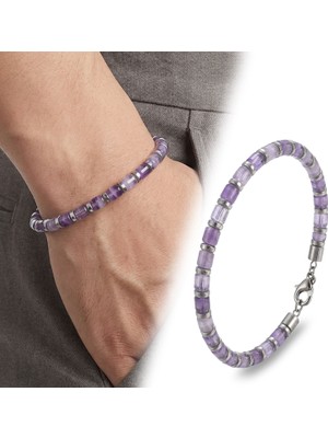 Fm 💎 Premium Ametist Taşı & Silver Hematit Taşlı Çelik Zincir Erkek Bileklik 31832B10D4M3 - 23 cm