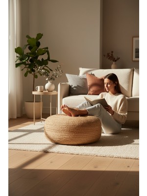 Akayev Nature Hasır Jüt Büyük Yuvarlak Yassı Puf 60X20 cm