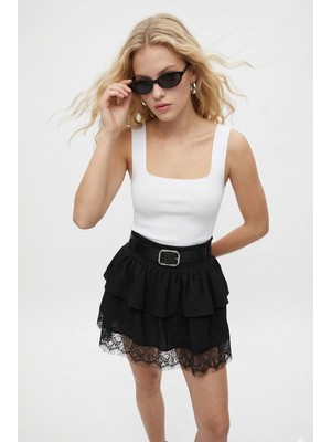 Ritnice Kadın Rosa Kemerli Dantelli Kısa Siyah Dokuma Etek
