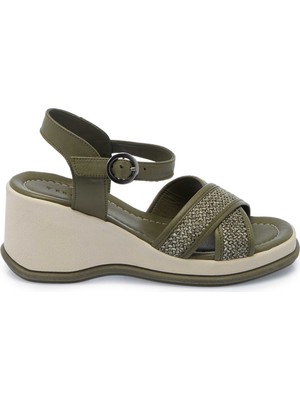 Tergan Haki Hasır - Deri Kadın Sandalet - K25Y1SN68055-H48