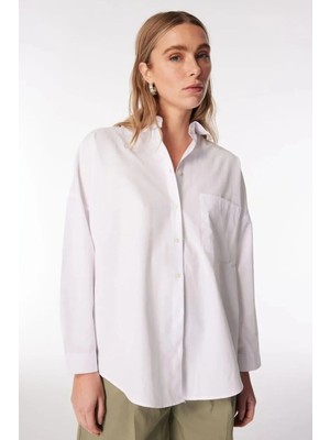 Denim Trip Oversized Gömlek Yaka Beyaz Kadın Gömlek DT10763