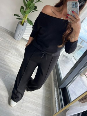 Infivento Kadın Uzun Kollu Tek Omuzdan Açık Modal Bluz ve Pantolon Ikili Takım