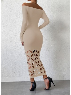 Nnstartshopping  Kadın Madonna Yaka Uzun Kollu Lazer Çiçek Kesim Detaylı Uzun Ithal Krep Elbise