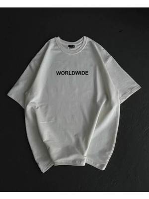 Ulak Handmader Unisex Bisiklet Yaka Baskılı Oversize T-Shirt - Beyaz