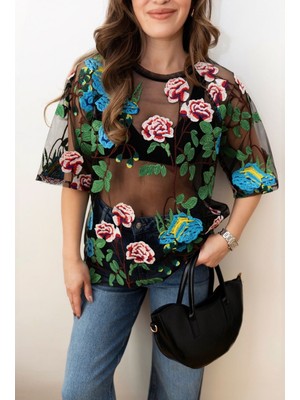 BRTC Design Kadın Siyah Full Nakış Islemeli Çiçekli Tül Bluz