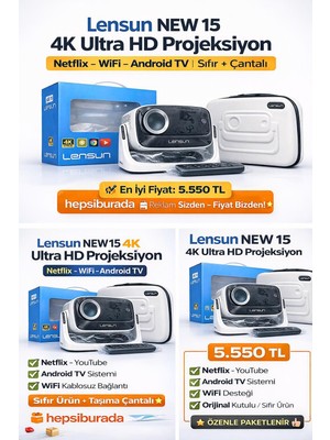 Lensun New 15 4K Ultra Hd Projeksiyon – Android Tv, Netflix, Wifi – Sıfır Ürün + Taşıma Çantalı