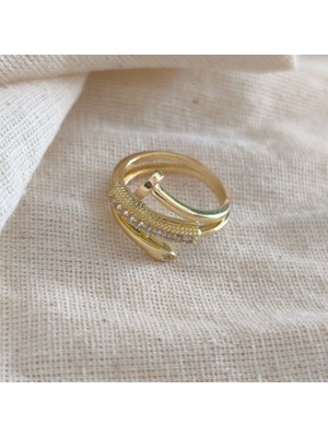 Museum Of You 14K Altın Kaplama Zirkon Taşlı Ayarlanabilir Sarmal Çivi Tasarım Yüzük