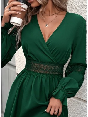 Sun&north Kadın Uzun Kollu Kruvaze Yakalı Dantelli Fermuar Detaylı Mini Ithal Krep Elbise