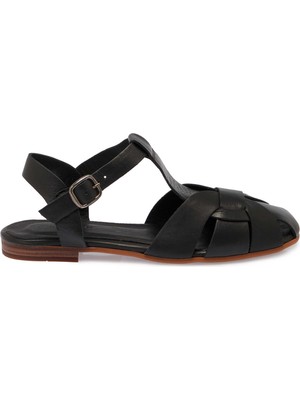 Tergan Siyah Deri - Tekstil Kadın Sandalet - K25Y1SN68112-A23