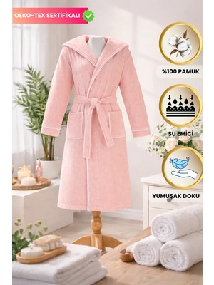 Layvera Bornoz | %100 Pamuk-Kapüşonlu-Biyeli-Cepli-Pembe