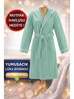 Layvera Bornoz | %100 Pamuk-Kapüşonlu-Biyeli-Cepli-Mint Green