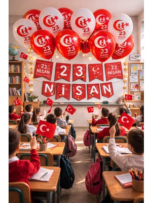 Pairla 23 Nisan Okul Anaokulu Süslemeleri 3 Metre Led, 23 Nisan Balonu Seti Balon Bandı 23 Nisan Bayrağı