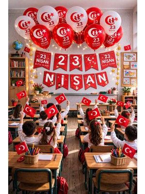 Pairla 23 Nisan Okul Anaokulu Süslemeleri 3 Metre Led, 23 Nisan Balonu Seti Balon Bandı 23 Nisan Bayrağı