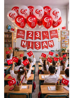 Pairla 23 Nisan Okul Anaokulu Süslemeleri 3 Metre Led, 23 Nisan Balonu Seti Balon Bandı 23 Nisan Bayrağı