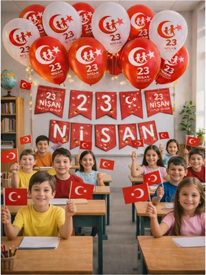 Pairla 23 Nisan Okul Anaokulu Süslemeleri 3 Metre Led, 23 Nisan Balonu Seti Balon Bandı 23 Nisan Bayrağı