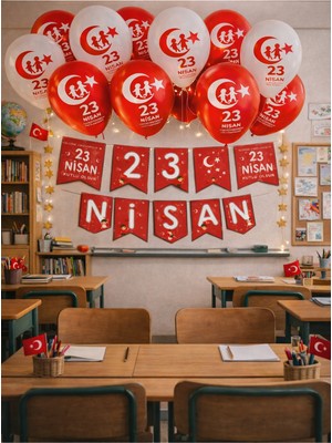 Pairla 23 Nisan Okul Anaokulu Süslemeleri 3 Metre Led, 23 Nisan Balonu Seti Balon Bandı 23 Nisan Bayrağı