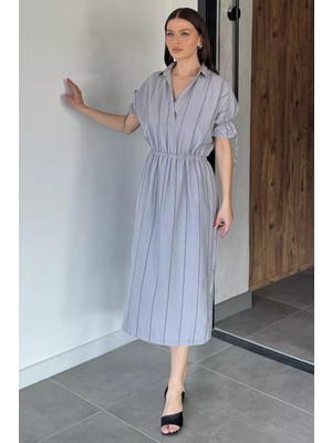 Gülseli Bel Lastikli Çizgi Desenli Kısa Kol Elbise P-00017788