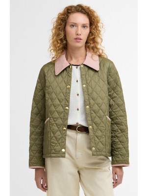 Barbour Icons Cropped Liddesdale Kapitone Ceket GN14 Bleached Olive/ancient/gardenia