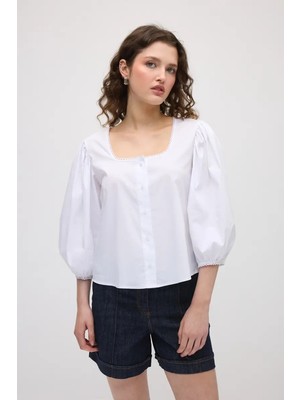 Gusto Kare Yakalı Koton Gömlek - Beyaz