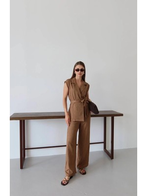 Decostyle Keten Yelek Pantolon Takım Kahve Pt