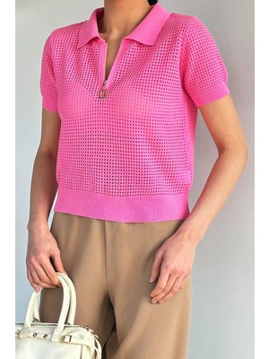 Gülseli Kadın Polo Yaka Yarım Fermuarlı Triko Bluz P-00020923