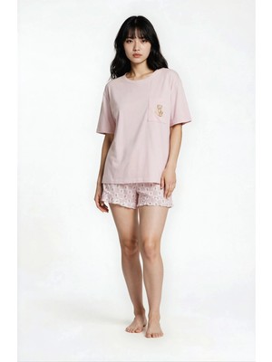 Ecrou Kadın Pudra Sleepy Tdy Bisiklet Yaka Kısa Kol Şortlu Pijama Set