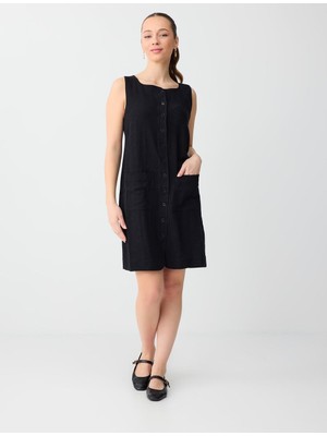 Jimmy Key Siyah Dar Kesim Kare Yaka Keten Karışımlı Mini Elbise