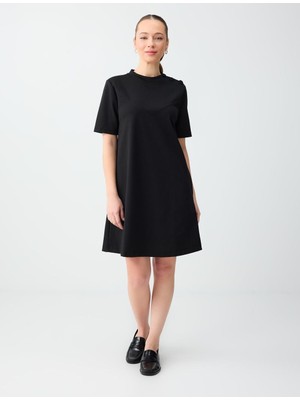 Jimmy Key Siyah Yuvarkak Yaka Kısa Kollu Örme Mini Elbise