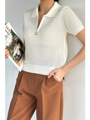 Gülseli Kadın Polo Yaka Yarım Fermuarlı Triko Bluz P-00020923