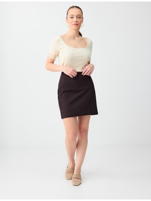 Jimmy Key Acı Kahve Normal Bel Düz Kesim Beli Lastikli Örme Mini Etek