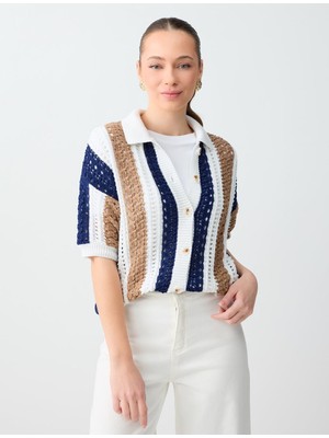 Jimmy Key Kırık Beyaz Kısa Kollu Polo Yaka Çizgi Desenli Triko Gömlek