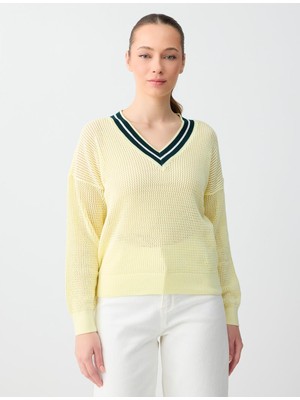 Jimmy Key Açık Sarı %100 Pamuk Rahat Kesim V Yaka Triko Kazak
