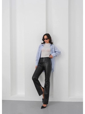 Decostyle Ispanyol Yırtmaçlı Paça Deri Pantolon Siyah Hn