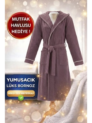 Layvera Kadın+Erkek Bornoz %100 Pamuklu | Kapüşonlu-Biyeli-Cepli-Mürdüm
