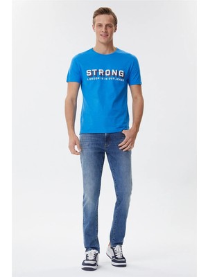 Lee Cooper Storing Erkek %100 Pamuk Bisiklet Yaka T-Shirt Mavi